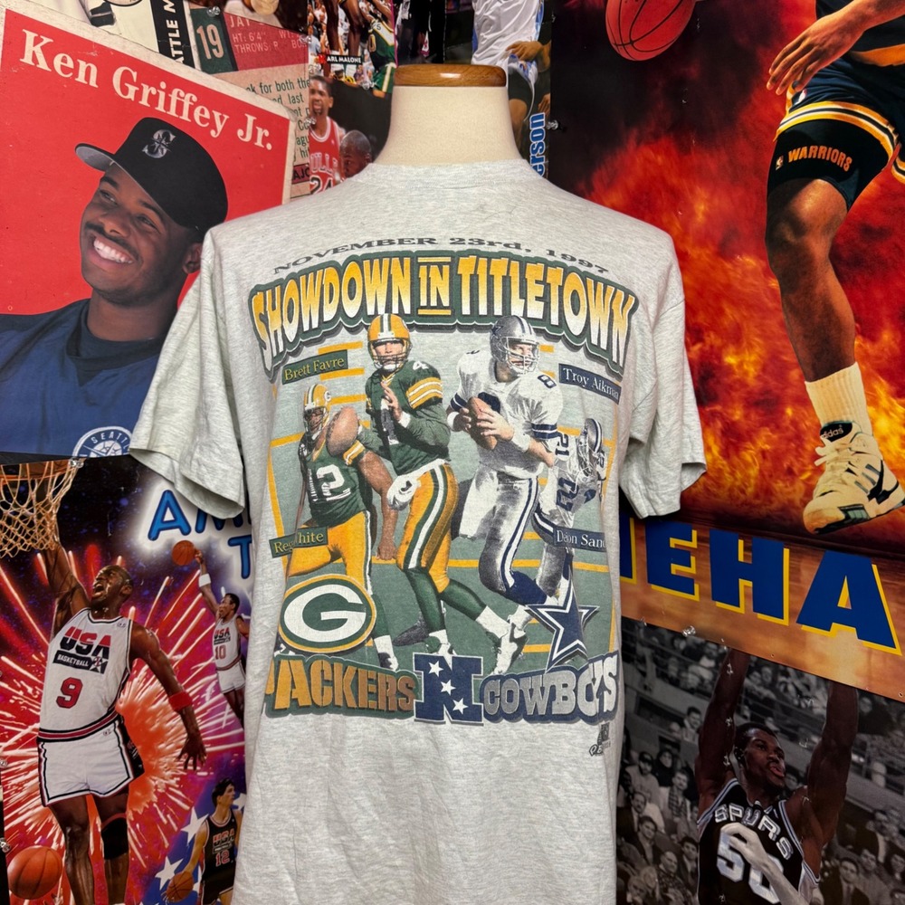 Vintage 90s Green‎ Bay Packers Dallas Cowboys Aikman Deion Sanders Tee Sz Large